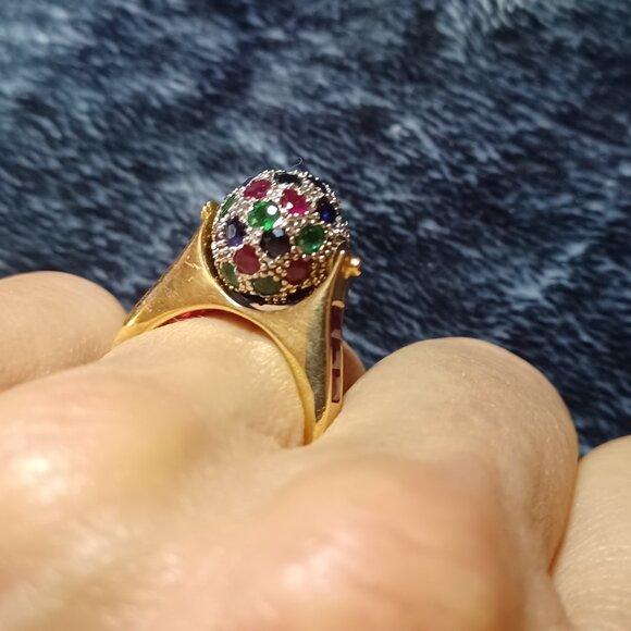 Chuck Clemency 14k YG Ruby Emerald Sapphire Spinning Ball Ring - Picture 5 of 6